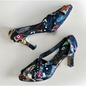 NICOLE MILLER Artelier Shoes Pop Art Print 100% Silk High Heels Pumps Sz 8.5 Vtg